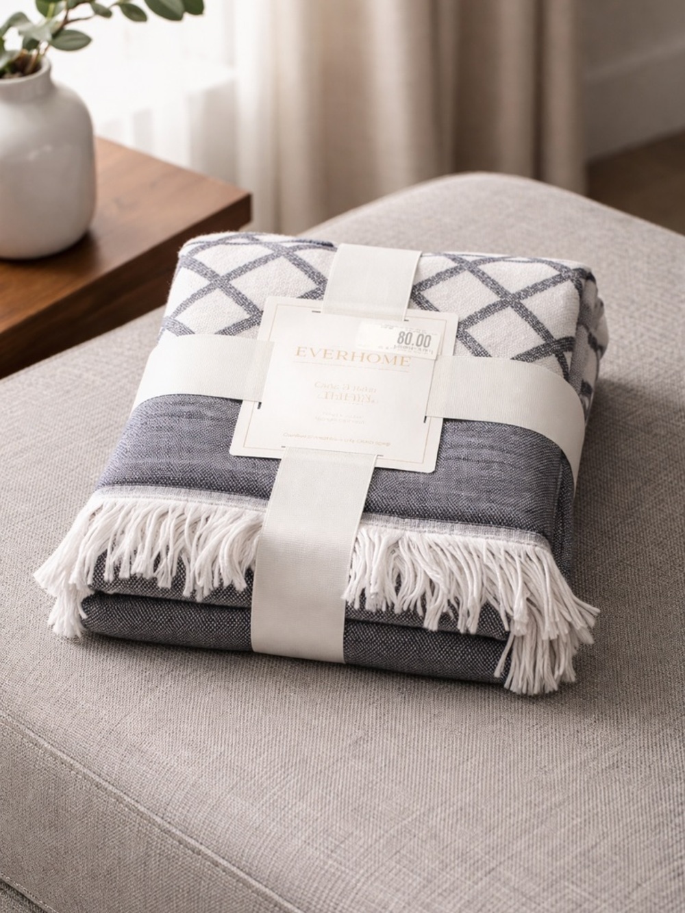 Gray & White Patterned Fringe Throw Blanket - Picture 2 of 4